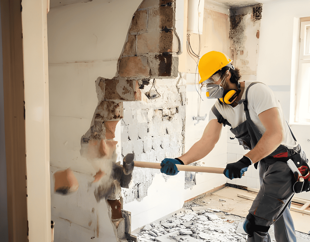 Construction crew performing interior demolition and structural renovation in Central Florida
